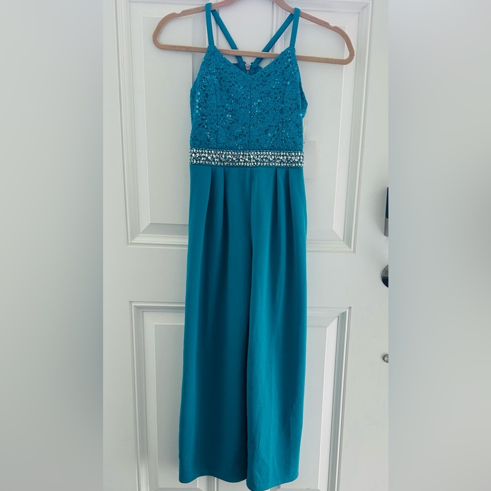Teal Sequin Jumpsuit with Silver Accents